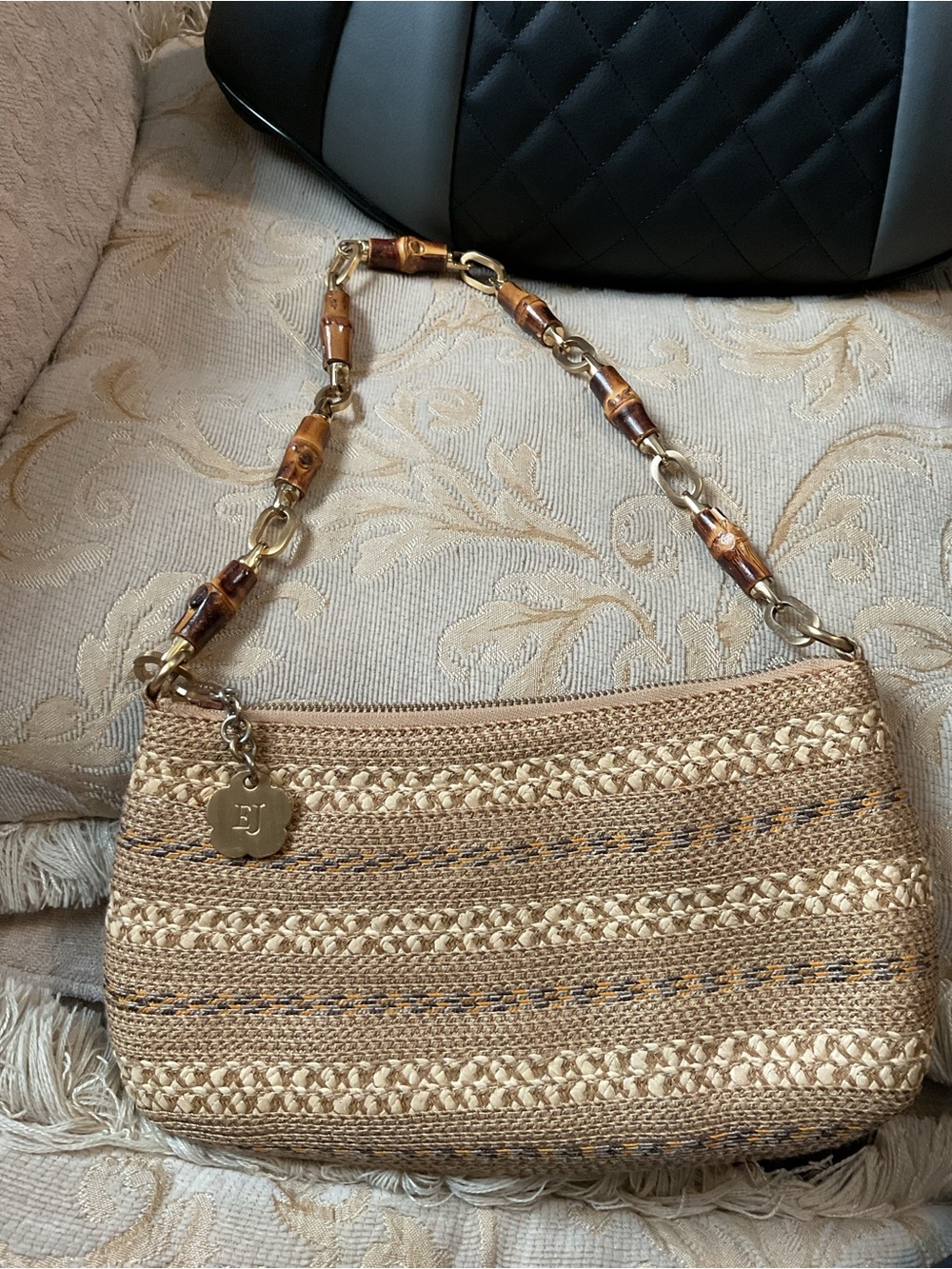 Eric Javits Squishee Beige and Tan Woven Shoulder Bag with Bamboo-Style Chain